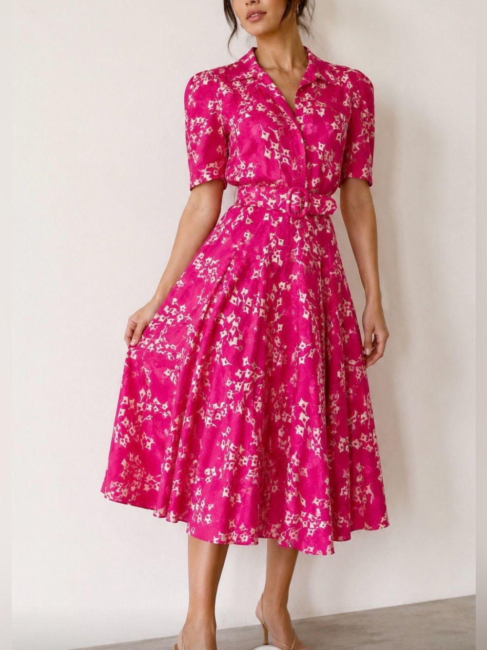 Vintage 80s ARGENTI Pure Silk Pink Abstract Belted Midi Shirt Dress size 4